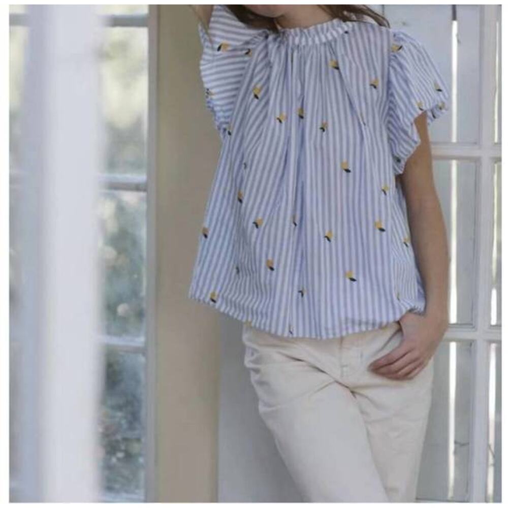Trovata Birds of Paradis Carla Blouse Top Blue Stripe Short Sleeve Meyer Lemon S